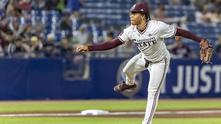 Mississippi State pitcher Jurrangelo Cijntje throws against Vanderbilt during an SEC Tournament game on May 23 at Hoover Metropolitan Stadium.