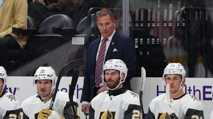 Nov 20, 2025; Salt Lake City, Utah, USA; Vegas Golden Knights head coach Bruce Cassidy watches play against the Utah Mammoth during the third period at Delta Center. Mandatory Credit: Rob Gray-Imagn Images