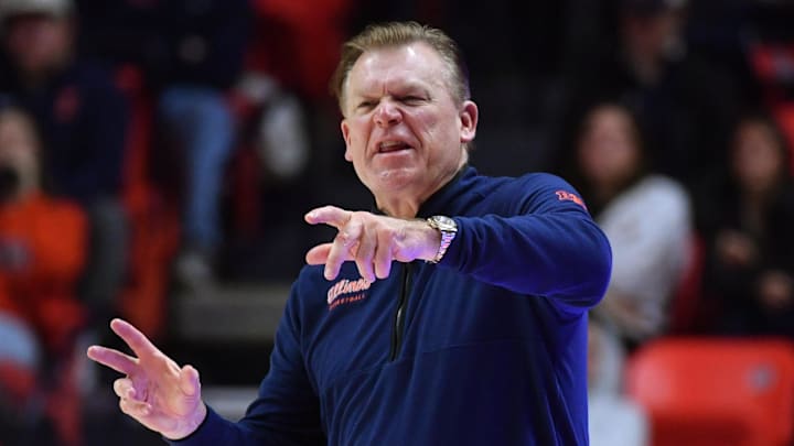 Mar 3, 2026; Champaign, Illinois, USA;  Illinois Fighting Illini head coach Brad Underwood reacts during the second half against the Oregon Ducks at State Farm Center. Mandatory Credit: Ron Johnson-Imagn Images