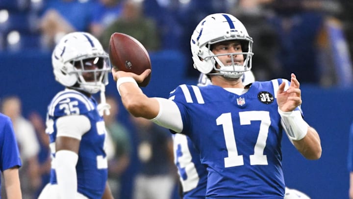 Aug 16, 2025; Indianapolis, Indiana, USA; Indianapolis Colts quarterback Daniel Jones (17) throws a pass during warmups prior to the game against the Green Bay Packers at Lucas Oil Stadium. Mandatory Credit: Robert Goddin-Imagn Images