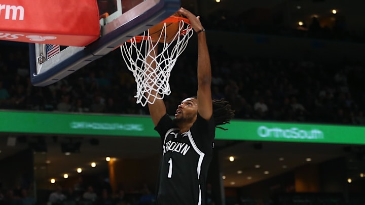 Oct 30, 2024; Memphis, Tennessee, USA; Brooklyn Nets forward Ziaire Williams (1) dunks during the first half against the Memphis Grizzlies at FedExForum. Mandatory Credit: Petre Thomas-Imagn Images Oct 30, 2024; Memphis, Tennessee, USA; Brooklyn Nets forward Ziaire Williams (1) dunks during the first half against the Memphis Grizzlies at FedExForum. Mandatory Credit: Petre Thomas-Imagn Images
