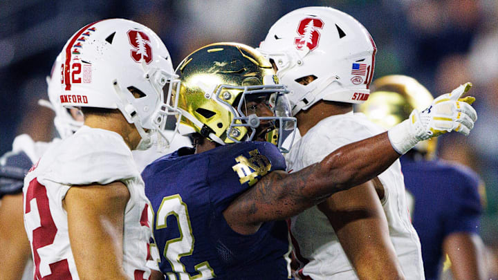 Notre Dame running back Devyn Ford (22) celebrates getting a first down during a NCAA college football game between Notre Dame and Stanford at Notre Dame Stadium on Saturday, Oct. 12, 2024, in South Bend.