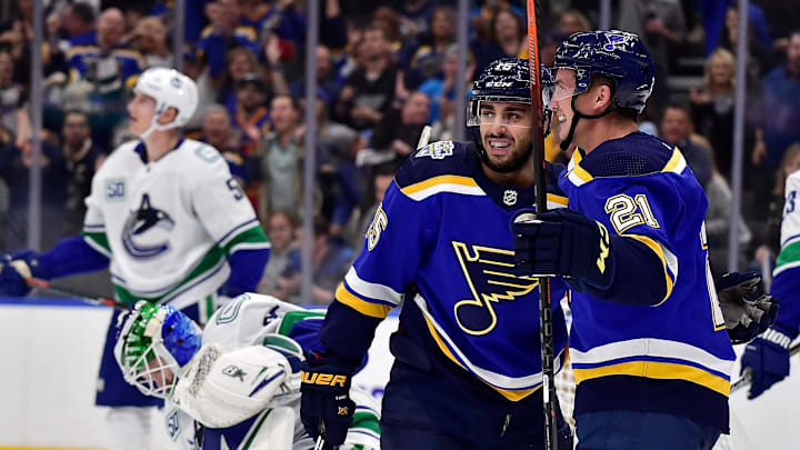 Oct 17, 2019; St. Louis, MO, USA; St. Louis Blues center Robby Fabbri (15) is congratulated by center Tyler Bozak (21) after scoring against Vancouver Canucks goaltender Thatcher Demko (35) during the first period at Enterprise Center. Mandatory Credit: Jeff Curry-Imagn Images