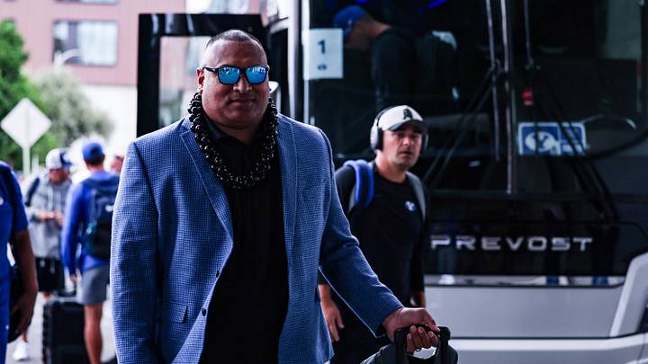 Oct 11, 2025; Tucson, Arizona, USA; Brigham Young Cougars head coach Kalani Sitake arrives before the start of the game against the Arizona Wildcats at Arizona Stadium. Mandatory Credit: Aryanna Frank-Imagn Images Oct 11, 2025; Tucson, Arizona, USA; Brigham Young Cougars head coach Kalani Sitake arrives before the start of the game against the Arizona Wildcats at Arizona Stadium. Mandatory Credit: Aryanna Frank-Imagn Images