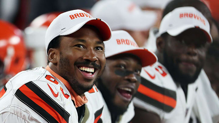 Cleveland Browns defensive end Myles Garrett (left)