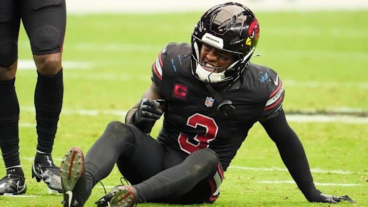 Arizona Cardinals safety Budda Baker (3) reacts after a tackle against the Detroit Lions in the first half at State Farm Stadium in Glendale, Ariz., on Sunday, Sept. 22, 2024. Arizona Cardinals safety Budda Baker (3) reacts after a tackle against the Detroit Lions in the first half at State Farm Stadium in Glendale, Ariz., on Sunday, Sept. 22, 2024.