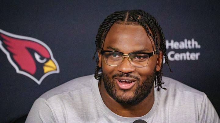 Cardinals offensive lineman Paris Johnson Jr. speaks to the media after minicamp practice at the Arizona Cardinals training facility on June 9, 2026, in Tempe.
