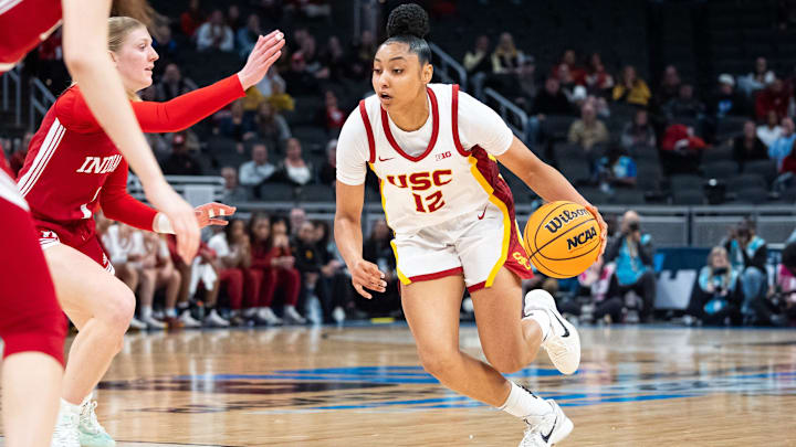 USC Trojans guard JuJu Watkins (12) drives Friday, March 7, 2025, agains the Indiana Hoosiers during the Big Ten women's tournament at Gainbridge Fieldhouse in Indianapolis.