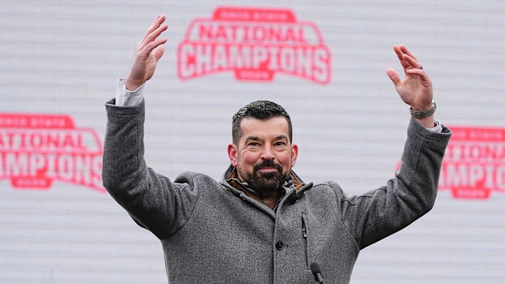 Head coach Ryan Day fires up the crowd during the Ohio State Buckeyes College Football Playoff National Championship celebration at Ohio Stadium in Columbus on Jan. 26, 2025.