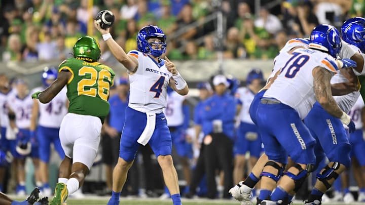 Sep 7, 2024; Eugene, Oregon, USA; Boise State Broncos quarterback Maddux Madsen (4) passes the ball during the first half against the Oregon Ducks at Autzen Stadium. Mandatory Credit: Troy Wayrynen-Imagn Images