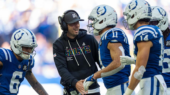 Indianapolis Colts head coach Shane Steichen congratulates his offense after a touchdown Sunday, Oct. 12, 2025, against the Arizona Cardinals at Lucas Oil Stadium in Indianapolis. Indianapolis Colts head coach Shane Steichen congratulates his offense after a touchdown Sunday, Oct. 12, 2025, against the Arizona Cardinals at Lucas Oil Stadium in Indianapolis.