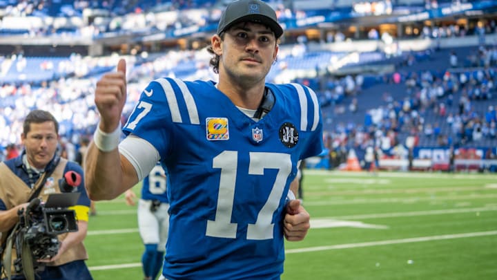 Indianapolis Colts quarterback Daniel Jones (17) makes his way off the field Sunday, Oct. 12, 2025, after a 31-27 win over the Arizona Cardinals at Lucas Oil Stadium. Indianapolis Colts quarterback Daniel Jones (17) makes his way off the field Sunday, Oct. 12, 2025, after a 31-27 win over the Arizona Cardinals at Lucas Oil Stadium.