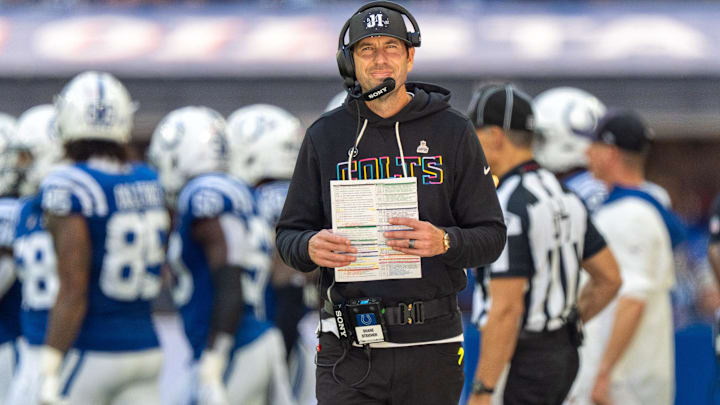 Indianapolis Colts head coach Shane Steichen walks the sideline during the game Sunday, Oct. 12, 2025, against the Arizona Cardinals at Lucas Oil Stadium in Indianapolis.