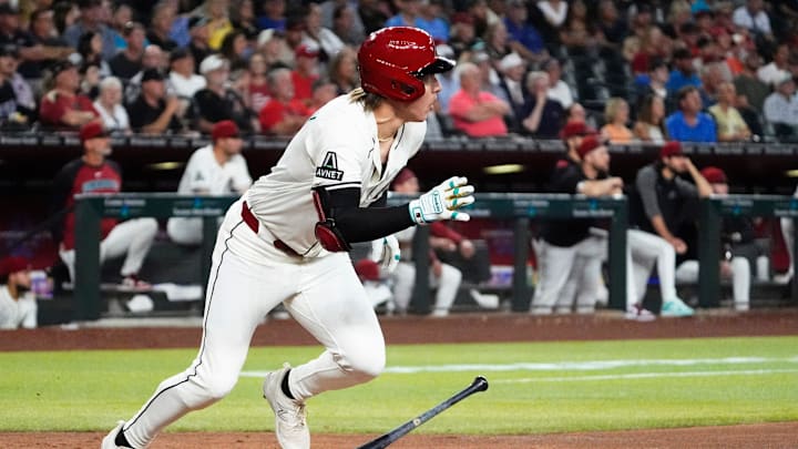 Arizona Diamondbacks Jake McCarthy gets his first hit of the season, a double against the Baltimore Orioles in the fifth inning at Chase Field in Phoenix, on April 9, 2025. Arizona Diamondbacks Jake McCarthy gets his first hit of the season, a double against the Baltimore Orioles in the fifth inning at Chase Field in Phoenix, on April 9, 2025.