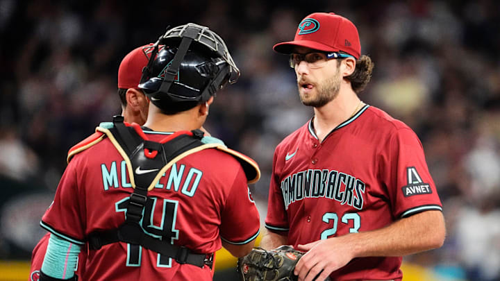 Arizona Diamondbacks starting pitcher Zac Gallen reacts after allowing three runs to score by the Atlanta Braves in the second inning at Chase Field in Phoenix, on Apr. 25, 2025.