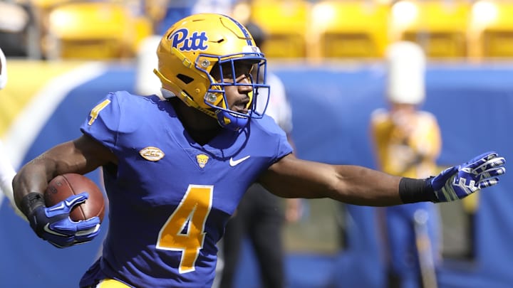 Sep 18, 2021; Pittsburgh, Pennsylvania, USA;  Pittsburgh Panthers wide receiver Melquise Stovall (4) returns a kick-off against the Western Michigan Broncos during the second quarter at Heinz Field. Mandatory Credit: Charles LeClaire-Imagn Images