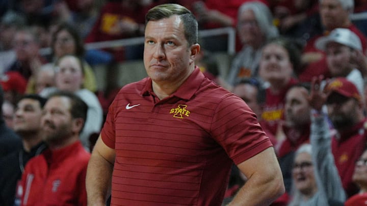 Iowa State Cyclones men's basketball head coach T.J. Otzelberger watches the game from the bench during the second half in the Big-12 conference men’s basketball against Texas Tech on Feb. 28, 2026, at Hilton Coliseum in Ames, Iowa.