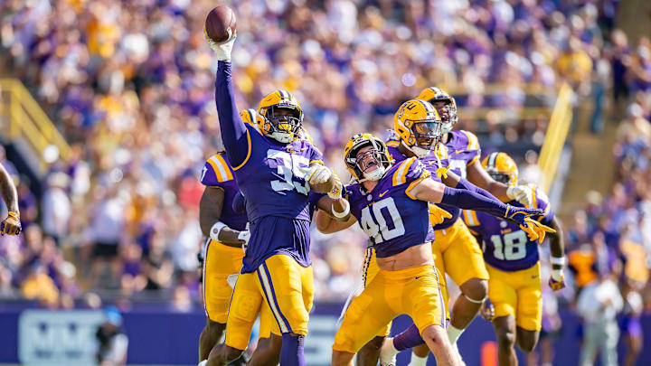 Tigers Saivion Jones 35 and Whit Weeks 40 celebrate after a fumble recovery as the LSU Tigers take on UCLA at Tiger Stadium in Baton Rouge, LA. Saturday, Sept. 21, 2024. Tigers Saivion Jones 35 and Whit Weeks 40 celebrate after a fumble recovery as the LSU Tigers take on UCLA at Tiger Stadium in Baton Rouge, LA. Saturday, Sept. 21, 2024.