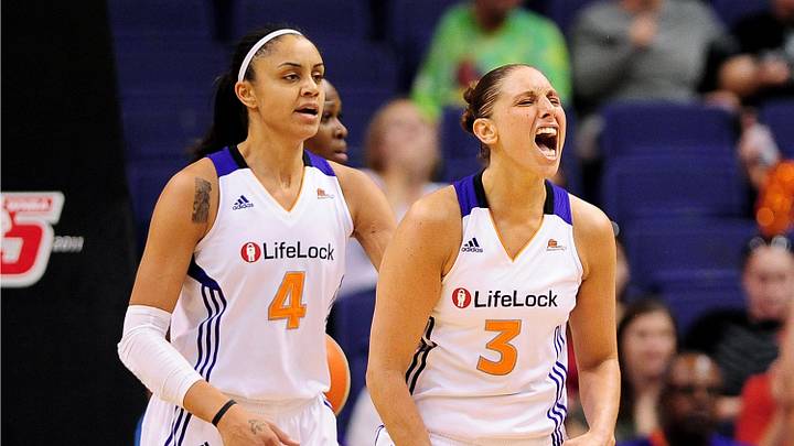 Sep 25, 2011; Phoenix, AZ, USA; Phoenix Mercury forward 	Candice Dupree (4) and teammate guard Diana Taurasi (3) react on the court while playing against the Minnesota Lynx during the first half at the US Airways Center. Mandatory Credit: Jennifer Stewart-Imagn Images