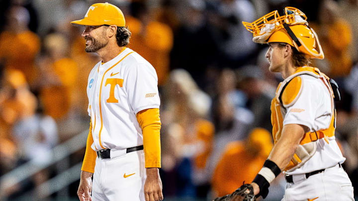 Tennessee head coach Tony Vitello smiles as he approaches the mound to take pitcher Liam Doyle out of the game during a NCAA Baseball Tournament Knoxville Regional game between Tennessee and Miami Ohio on May 30, 2025. Tennessee head coach Tony Vitello smiles as he approaches the mound to take pitcher Liam Doyle out of the game during a NCAA Baseball Tournament Knoxville Regional game between Tennessee and Miami Ohio on May 30, 2025.