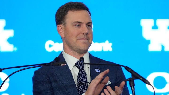 New Kentucky Wildcat head coach Will Stein makes remarks as he is introduced at Kentucky on Wednesday, December 3, 2025