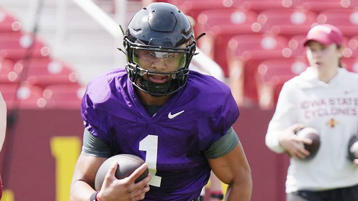 Iowa State quarterback Jaylen Raynor (1) runs with the ball during a spring football practice at Jack Trice Stadium on April 25, 2026, in Ames.