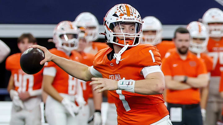 Quarterback Bowe Bentley of Celina passes during the Texas 4A Division I state championship game at AT&T Stadium.
