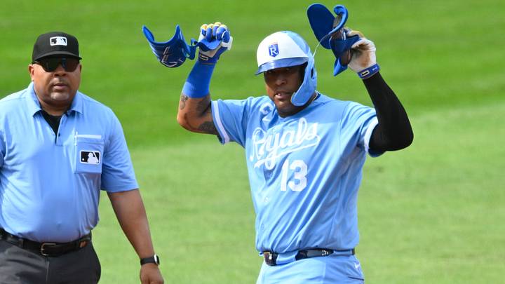 Aug 29, 2026; Cleveland, Ohio, USA; Kansas City Royals designated hitter Salvador Perez (13) hits a double during the second inning against the Cleveland Guardians at Progressive Field. Mandatory Credit: David Richard-Imagn Images Aug 29, 2026; Cleveland, Ohio, USA; Kansas City Royals designated hitter Salvador Perez (13) hits a double during the second inning against the Cleveland Guardians at Progressive Field. Mandatory Credit: David Richard-Imagn Images