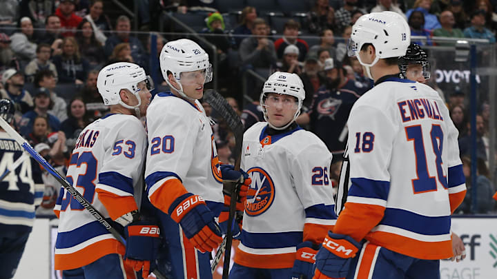 Apr 17, 2025; Columbus, Ohio, USA; New York Islanders right wing Hudson Fasching (20) celebrates his goal against the Columbus Blue Jackets during the third period at Nationwide Arena. Mandatory Credit: Russell LaBounty-Imagn Images