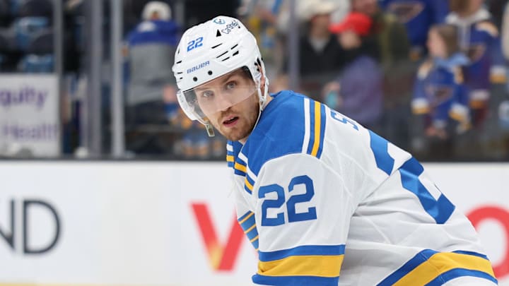 Apr 16, 2026; Salt Lake City, Utah, USA; St. Louis Blues center Pius Suter (22) warms up before a game against the Utah Mammoth at Delta Center. Mandatory Credit: Rob Gray-Imagn Images