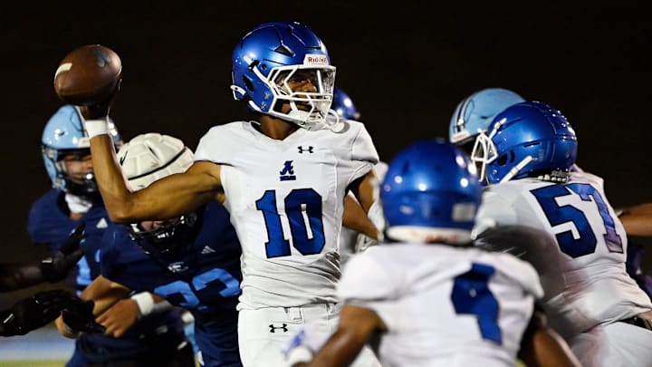 Antioch quarterback Andre Adams (10) passes against Centennial during a high school football game Friday, Sept. 19, 2025, in Franklin, Tenn.