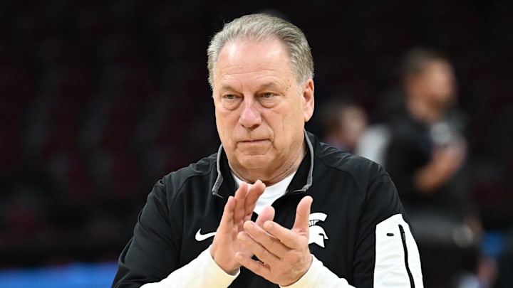 Mar 20, 2025; Cleveland, OH, USA; Michigan State Spartans head coach Tom Izzo watches his team during practice at Rocket Arena. Mandatory Credit: Ken Blaze-Imagn Images
