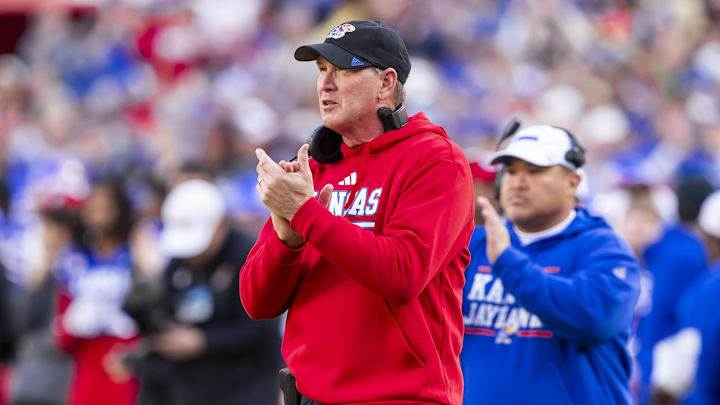 Nov 23, 2024; Kansas City, Missouri, USA;  Kansas head coach Lance Leipold celebrates a scoring play during the 1st quarter between the Kansas Jayhawks and the Colorado Buffaloes.