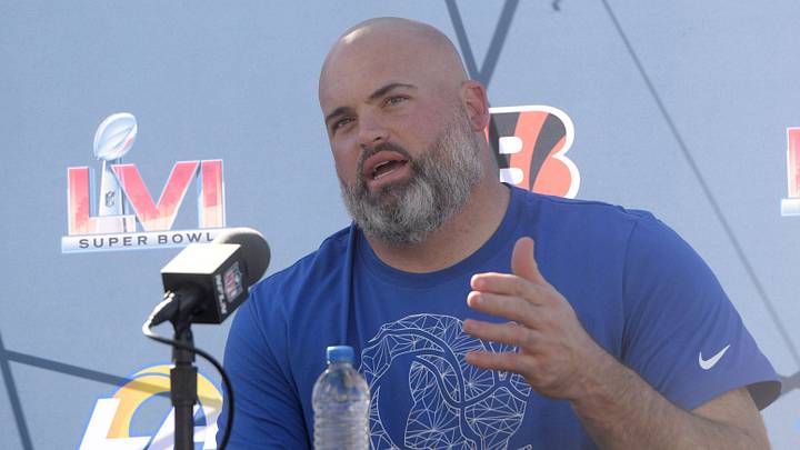 Andrew Whitworth, tackle for the LA Rams, talks with reporters on Super Bowl Media Day at William Rolland Stadium on Friday, Feb 11, 2022.

Super Bowl Media Day 17
