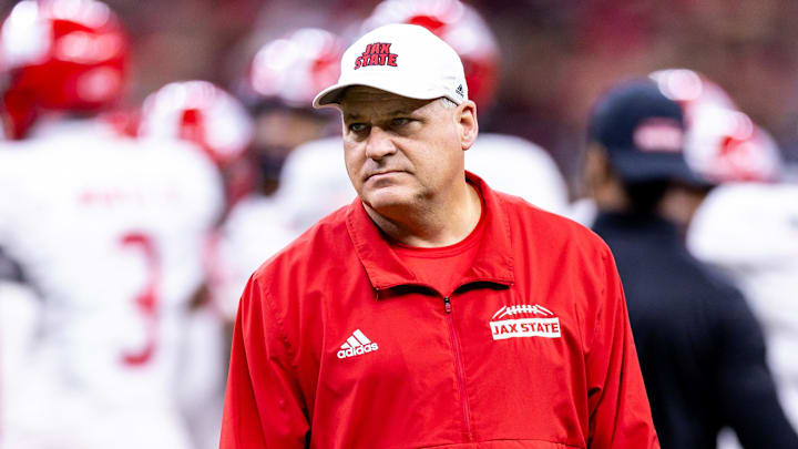 Jacksonville State Gamecocks head coach Rodriguez looks on during warmups.