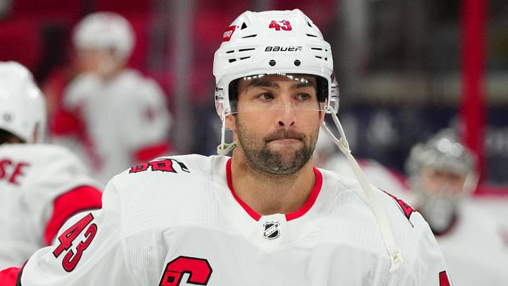 Sep 26, 2023; Raleigh, North Carolina, USA;  Carolina Hurricanes center Justin Robidas (43) skates before the game against the Tampa Bay Lightning at PNC Arena. Mandatory Credit: James Guillory-Imagn Images