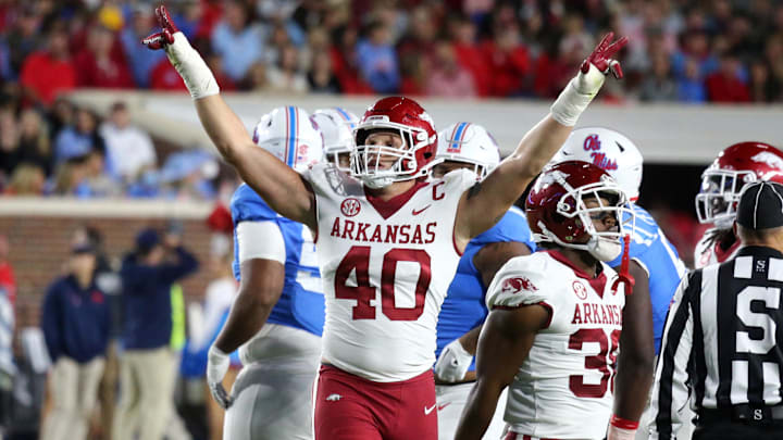 Oct 7, 2023; Oxford, Mississippi, USA; Arkansas Razorbacks defensive linemen Landon Jackson (40) reacts after a made field goal during the first half against the Mississippi Rebels at Vaught-Hemingway Stadium. Mandatory Credit: Petre Thomas-Imagn Images