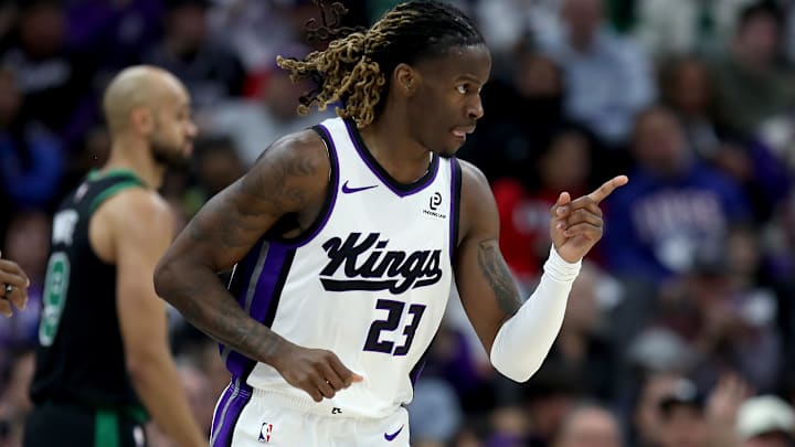 Jan 1, 2026; Sacramento, California, USA; Sacramento Kings guard Keon Ellis (23) reacts after making a three-point basket against the Boston Celtics during the second quarter at Golden 1 Center. Mandatory Credit: Dennis Lee-Imagn Images