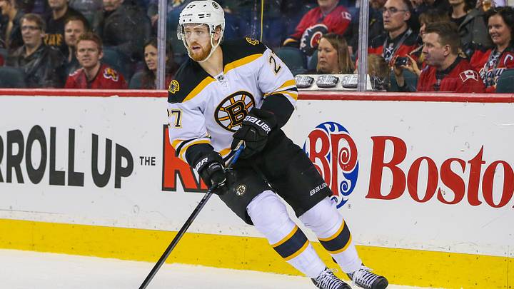 Feb 16, 2015; Calgary, Alberta, CAN; Boston Bruins defenseman Dougie Hamilton (27) skates against the Calgary Flames during the first period at Scotiabank Saddledome. Calgary Flames won 4-3 in overtime. Mandatory Credit: Sergei Belski-USA TODAY Sports