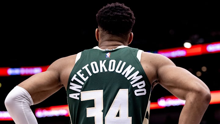 Mar 28, 2024; New Orleans, Louisiana, USA;   Milwaukee Bucks forward Giannis Antetokounmpo (34) looks on against the New Orleans Pelicans during the second half at Smoothie King Center. Mandatory Credit: Stephen Lew-Imagn Images