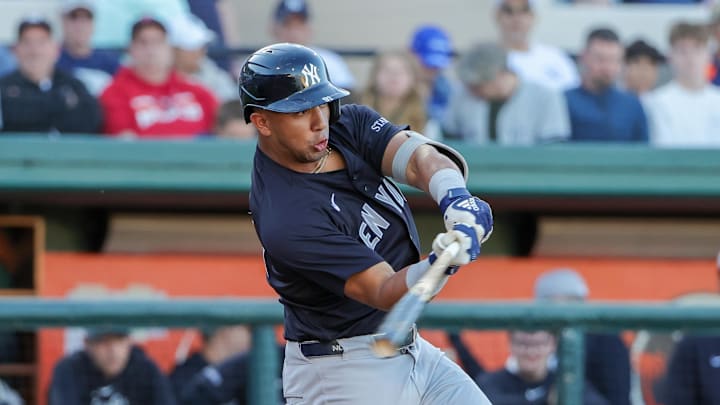 Mar 21, 2025; Lakeland, Florida, USA; New York Yankees shortstop Oswald Peraza (91) bats during the fourth inning against the Detroit Tigers at Publix Field at Joker Marchant Stadium. Mandatory Credit: Mike Watters-Imagn Images