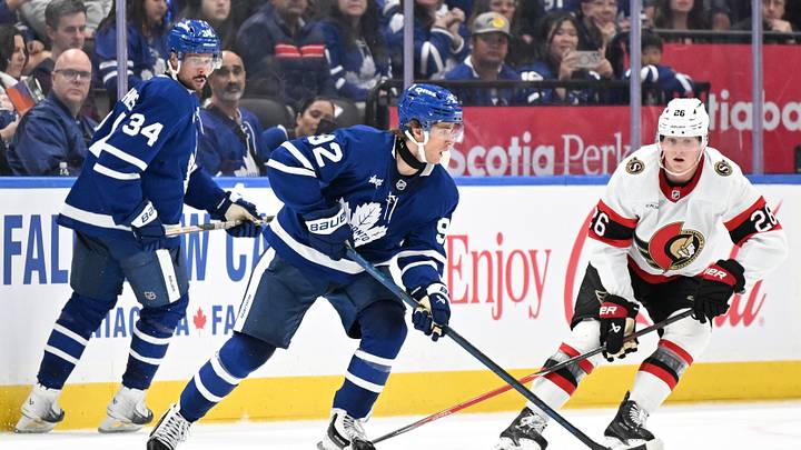 Sep 23, 2026; Toronto, Ontario, CAN; Toronto Maple Leafs forward Gavin McKenna (72) moves the puck past Ottawa Senators defenseman Carter Yakemchuk (26) as Leafs forward Auston Matthews (34) looks on in the second period at Scotiabank Arena. Mandatory Credit: Dan Hamilton-Imagn Images Sep 23, 2026; Toronto, Ontario, CAN; Toronto Maple Leafs forward Gavin McKenna (72) moves the puck past Ottawa Senators defenseman Carter Yakemchuk (26) as Leafs forward Auston Matthews (34) looks on in the second period at Scotiabank Arena. Mandatory Credit: Dan Hamilton-Imagn Images
