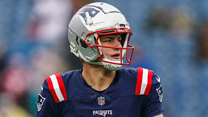 Dec 28, 2024; Foxborough, Massachusetts, USA; New England Patriots quarterback Drake Maye (10) warms up before the start of the game against the Los Angeles Chargers at Gillette Stadium. Mandatory Credit: David Butler II-Imagn Images