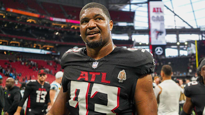 Sep 10, 2023; Atlanta, Georgia, USA; Atlanta Falcons defensive tackle Calais Campbell (93) celebrates after a victory against the Carolina Panthers at Mercedes-Benz Stadium. Mandatory Credit: Brett Davis-USA TODAY Sports
