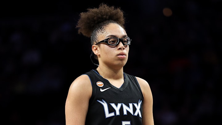May 9, 2026; Minneapolis, Minnesota, USA; Minnesota Lynx guard Olivia Miles (5) looks on during the second half against the Atlanta Dream at Target Center. Mandatory Credit: Matt Krohn-Imagn Images
