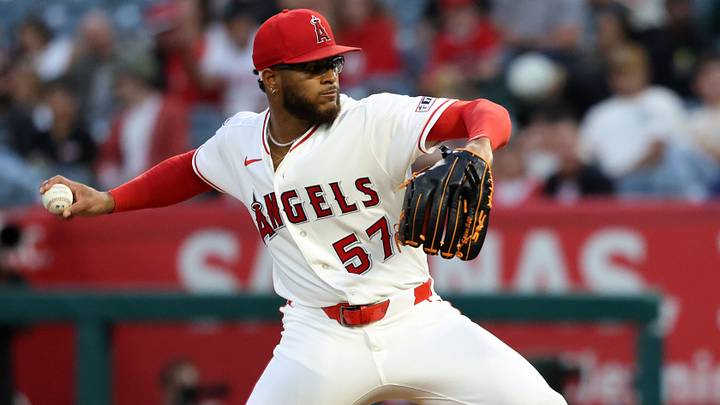 Aug 13, 2026; Anaheim, California, USA;  Los Angeles Angels pitcher Walbert Urena (57) pitches during the second inning against the Texas Rangers at Angel Stadium. Mandatory Credit: Kiyoshi Mio-Imagn Images