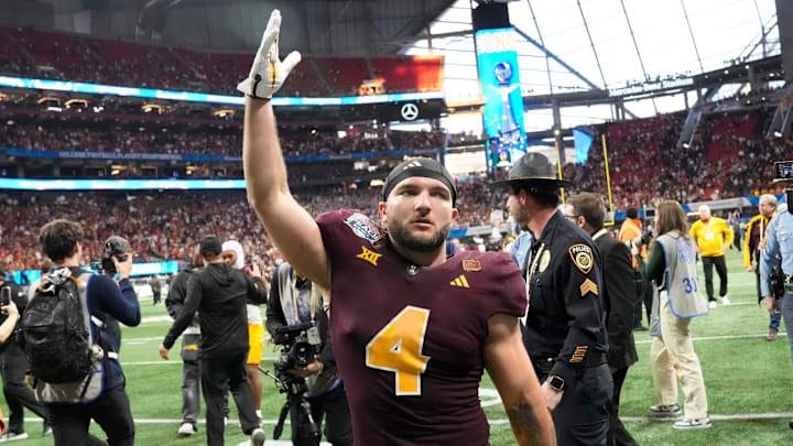 Arizona State running back Cam Skattebo blows a kiss toward the fans after the Peach Bowl.