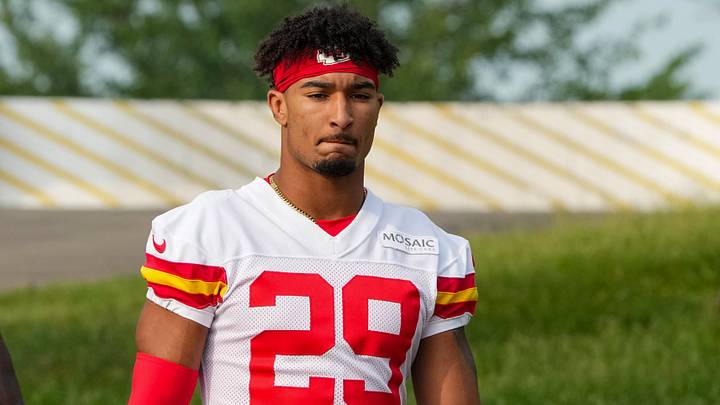 Jul 29, 2026; St. Joseph, MO, USA; Kansas City Chiefs   safety Xavier Nwankpa (29) walks down the hill to the practice fields during training camp at Missouri Western State University. Mandatory Credit: Denny Medley-Imagn Images