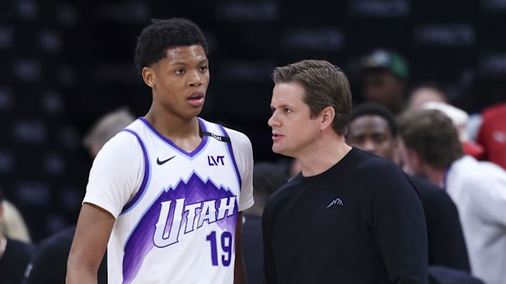 Mar 21, 2026; Salt Lake City, Utah, USA; Utah Jazz guard Ace Bailey (19) and head coach Will Hardy speak after the game against the Philadelphia 76ers at Delta Center. Mandatory Credit: Rob Gray-Imagn Images Mar 21, 2026; Salt Lake City, Utah, USA; Utah Jazz guard Ace Bailey (19) and head coach Will Hardy speak after the game against the Philadelphia 76ers at Delta Center. Mandatory Credit: Rob Gray-Imagn Images