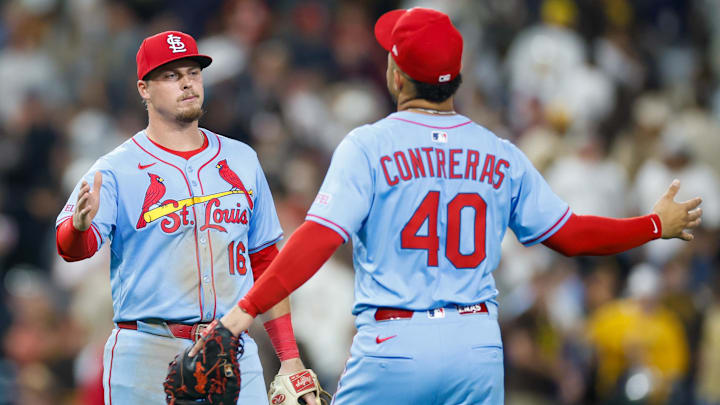 Aug 2, 2025; San Diego, California, USA; St. Louis Cardinals third baseman Nolan Gorman (16) celebrates with first baseman Willson Contreras (40) after defeating the San Diego Padres at Petco Park. Mandatory Credit: David Frerker-Imagn Images